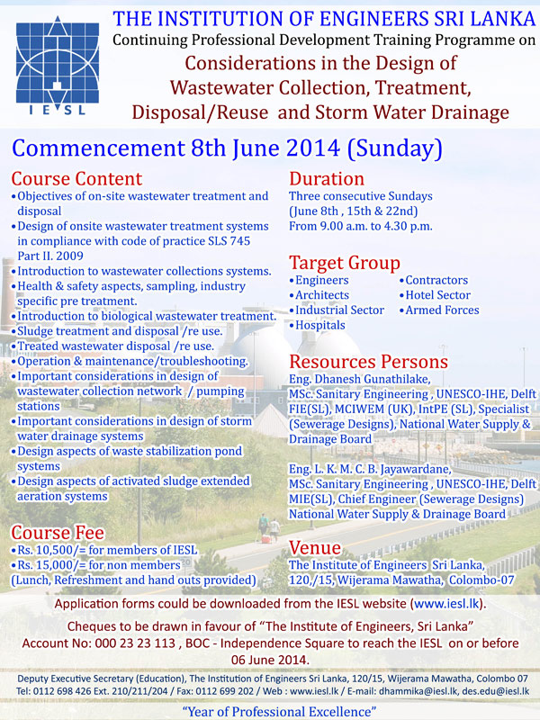 CPD COURSE : Consideration in the Design of Wastewater Collection, Treatment, Disposal/Reuse and Storm Water Drainage