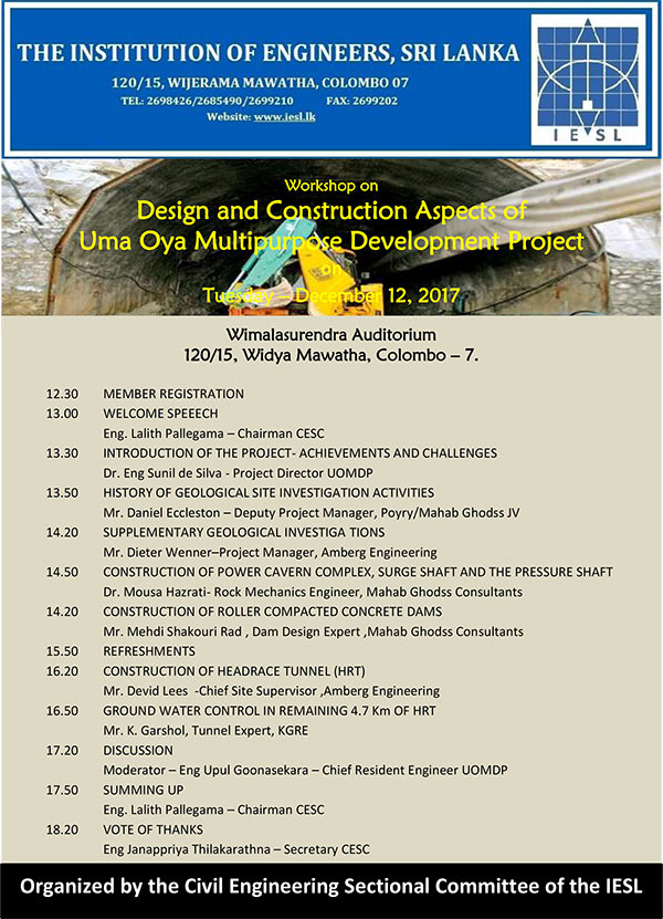 WORKSHOP ON DESIGN AND CONSTRUCTION ASPECTS OF UMA OYA MULTIPURPOSE DEVELOPMENT PROJECT